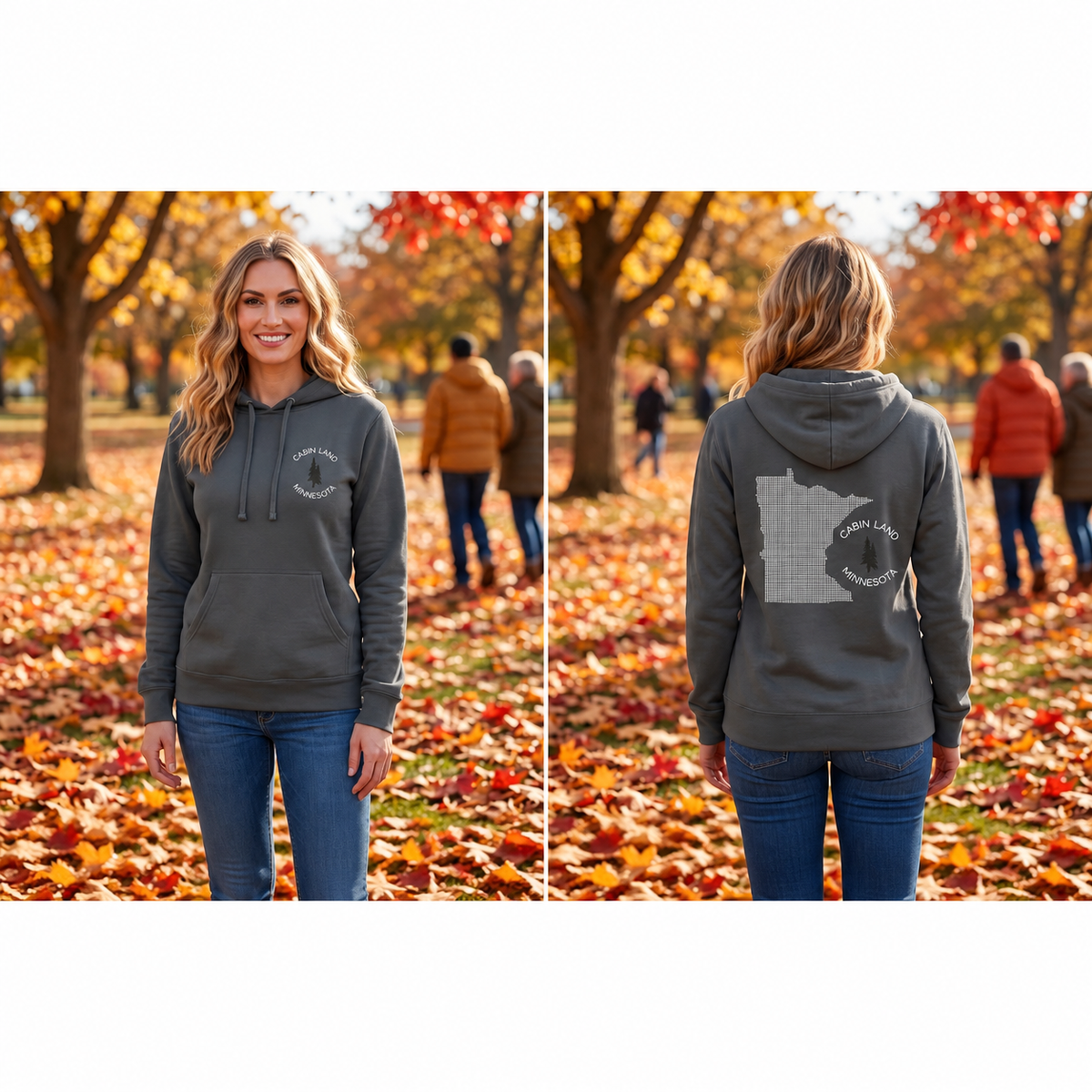 Full front and back views of the dark grey Cabin Land MN unisex hoodie, framed to show both designs.