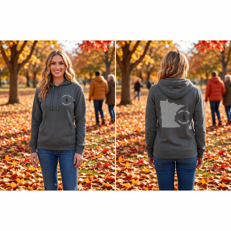 Full front and back views of the dark grey Cabin Land MN unisex hoodie, framed to show both designs.