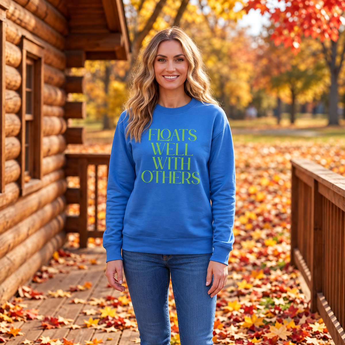 Centered model wearing the blue Floats Well With Others sweatshirt outside an autumn log cabin.
